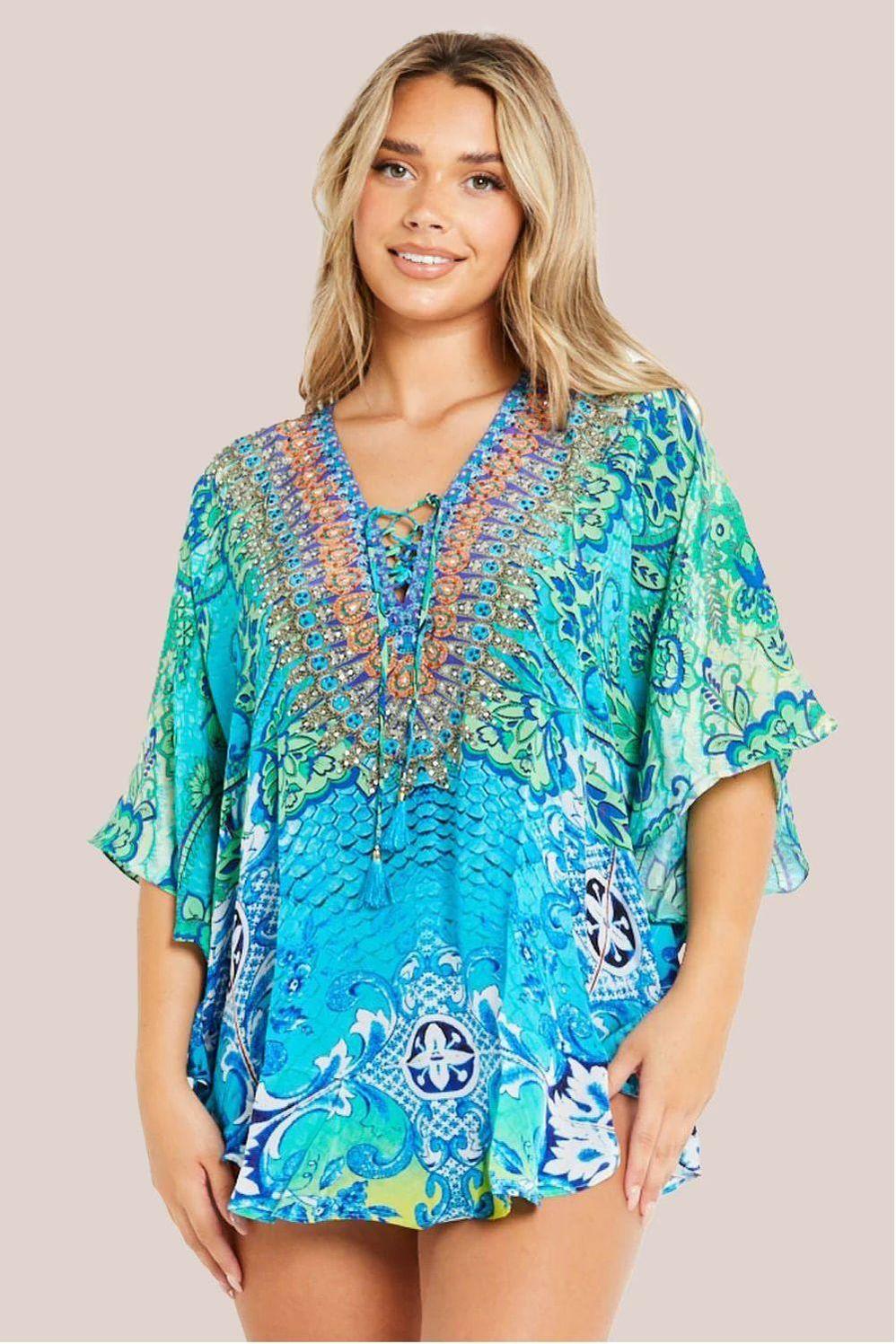 goddiva Aqua Blue Floral Short Beach Dress Kaftan by Aftershock London