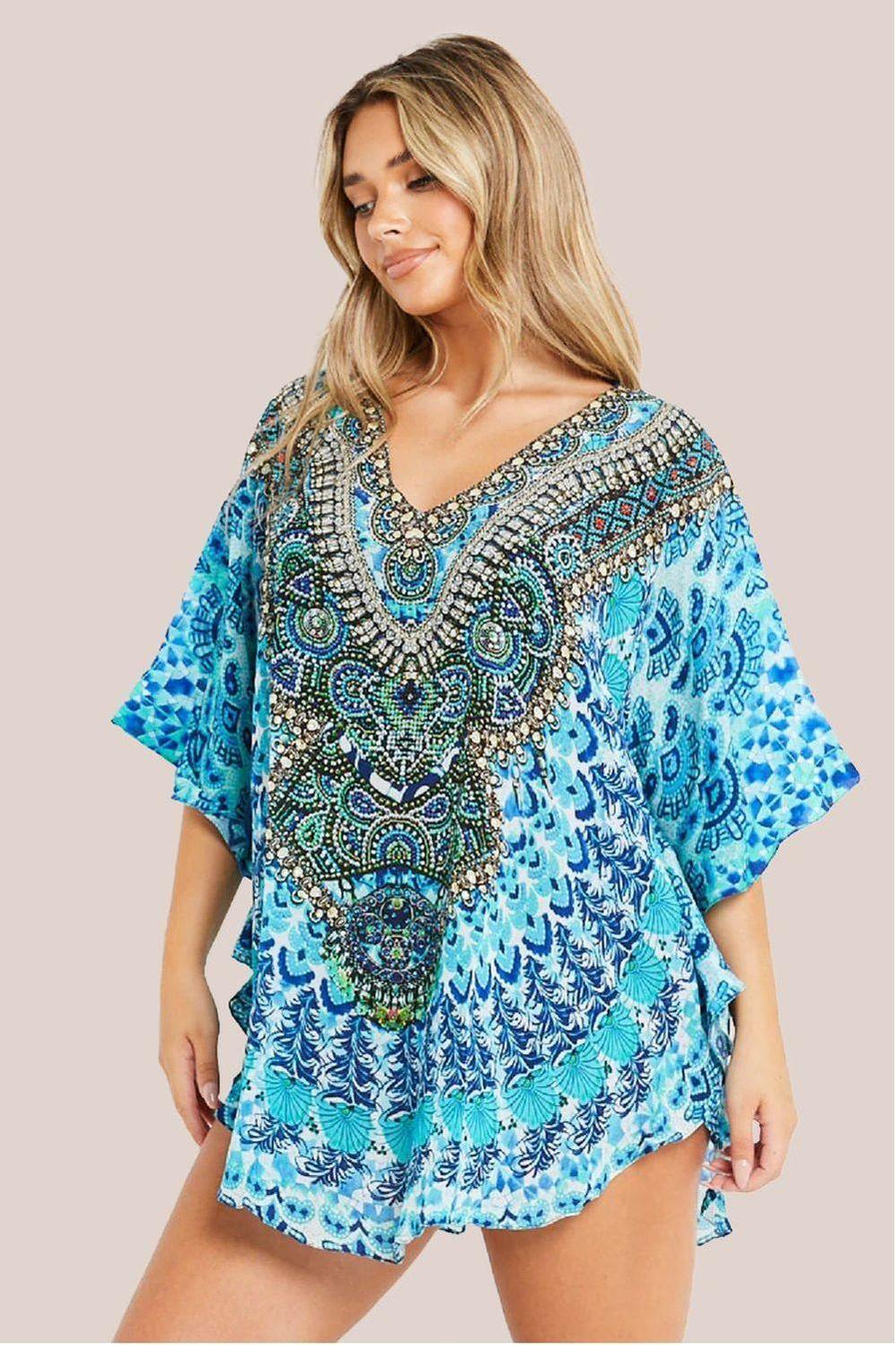 goddiva Aqua Blue Short Beach Dress Kaftan by Aftershock London