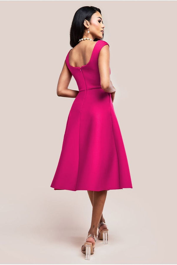 Goddiva Asymmetric Flared Hem Midi Dress - Magenta By Goddiva