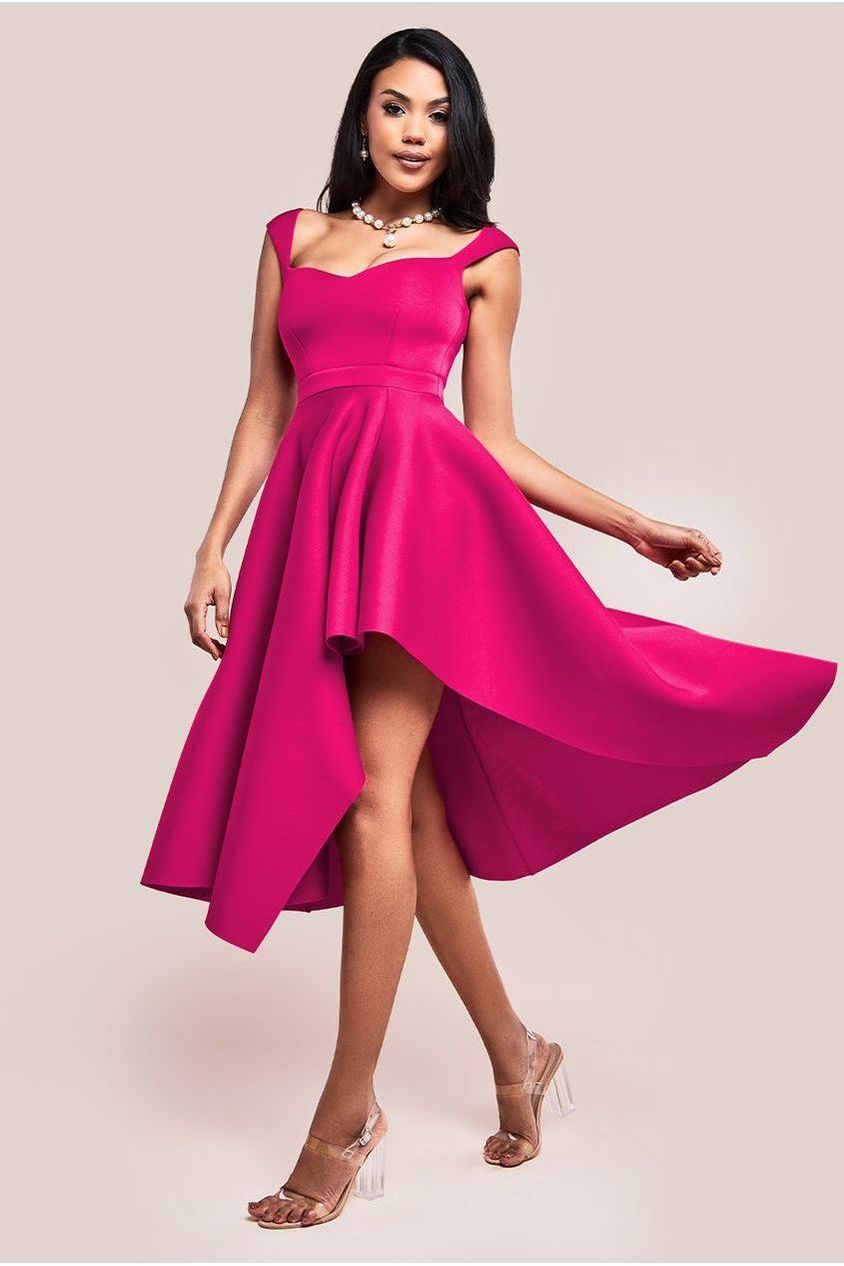 goddiva Asymmetric Flared Hem Midi Dress - Magenta by Goddiva