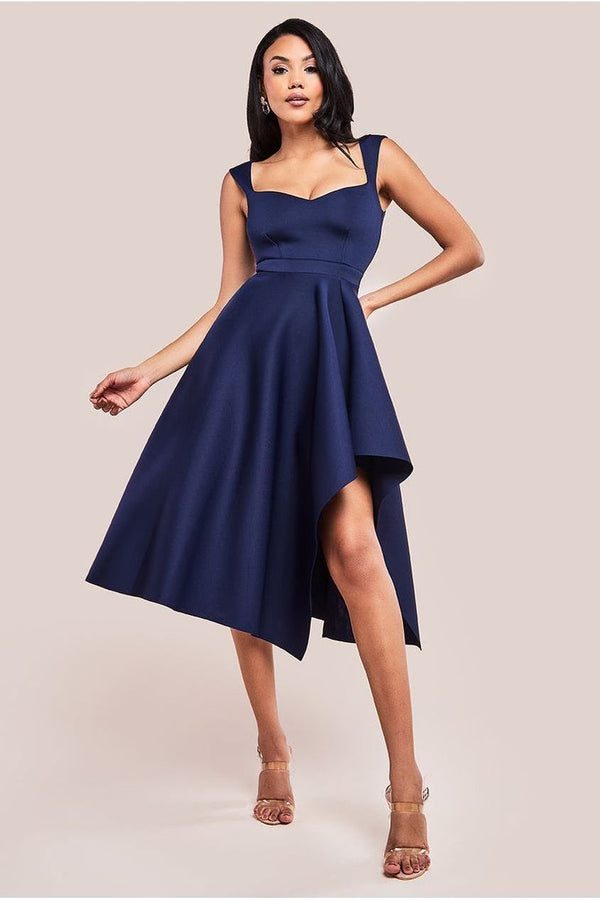 Goddiva Asymmetric Flared Hem Midi Dress - Navy By Goddiva