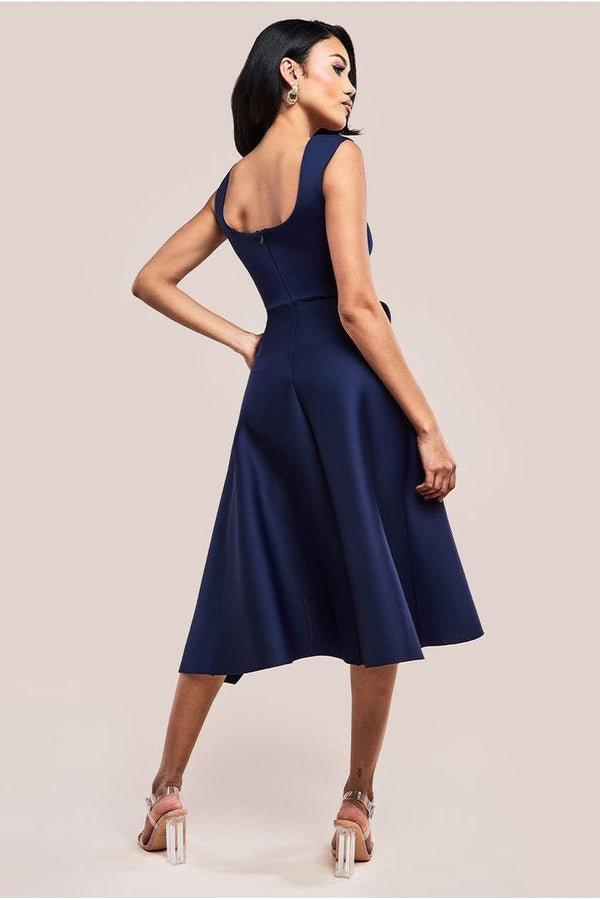 Goddiva Asymmetric Flared Hem Midi Dress - Navy By Goddiva