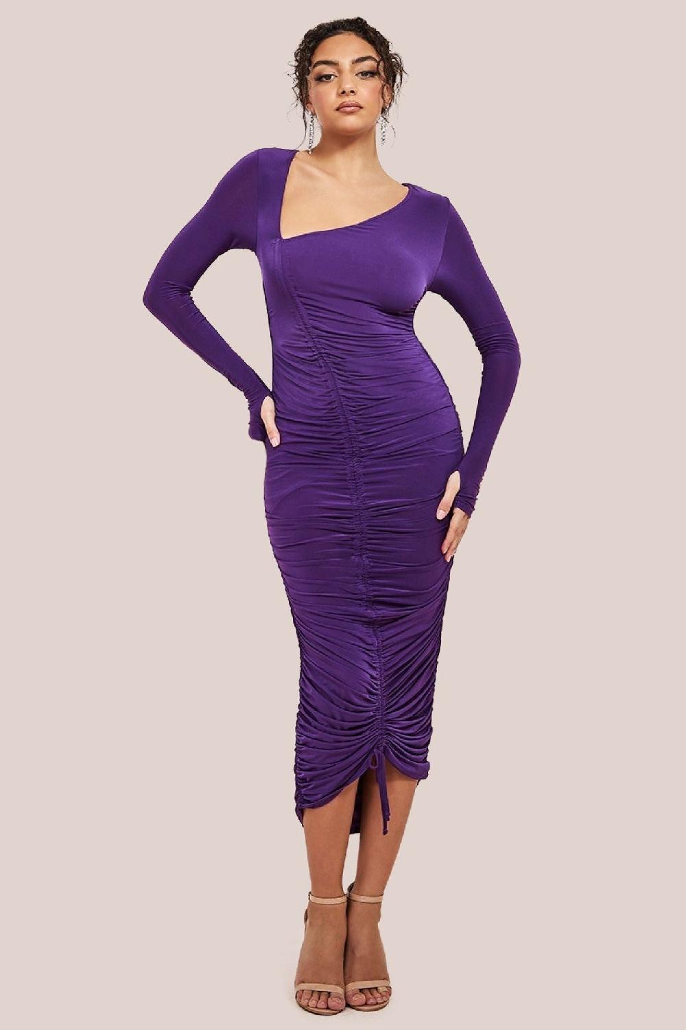 goddiva Asymmetrical Neck Ruched Midi Dress - Purple by City Goddess