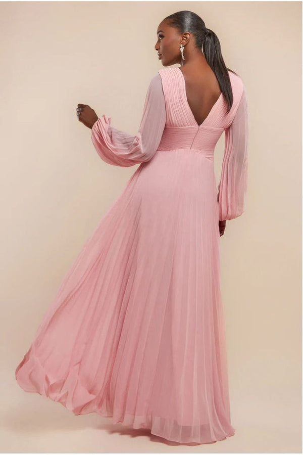 Goddiva Balloon Sleeve Chiffon Maxi Dress - Blush Pink By Goddiva