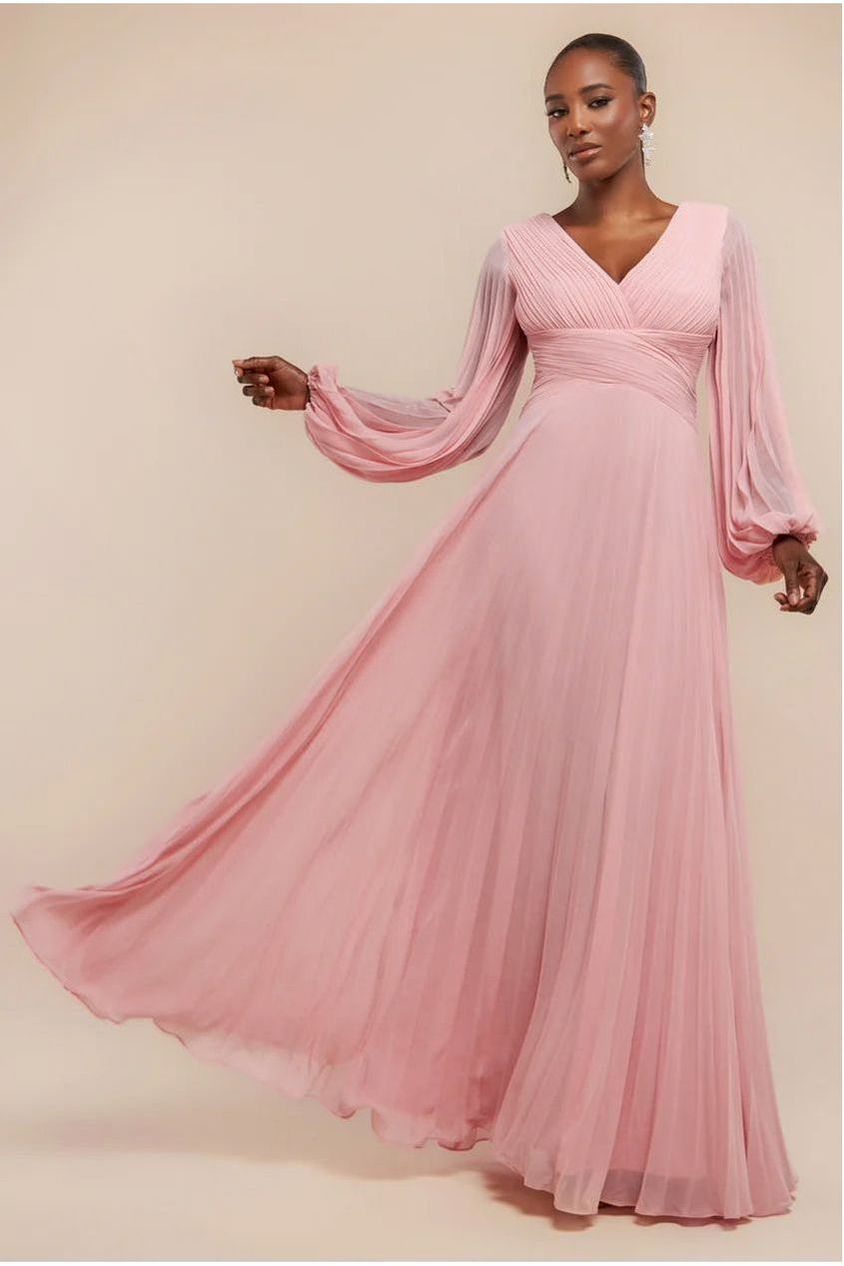 goddiva Balloon Sleeve Chiffon Maxi Dress - Blush Pink by Goddiva