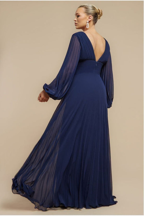 Goddiva Balloon Sleeve Chiffon Maxi Dress - Navy Blue By Goddiva