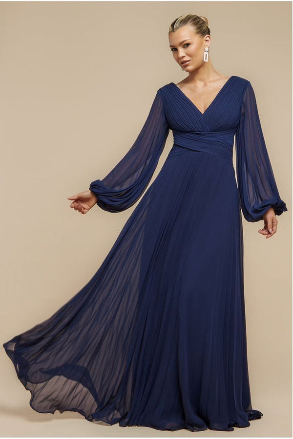 Goddiva Balloon Sleeve Chiffon Maxi Dress - Navy Blue By Goddiva