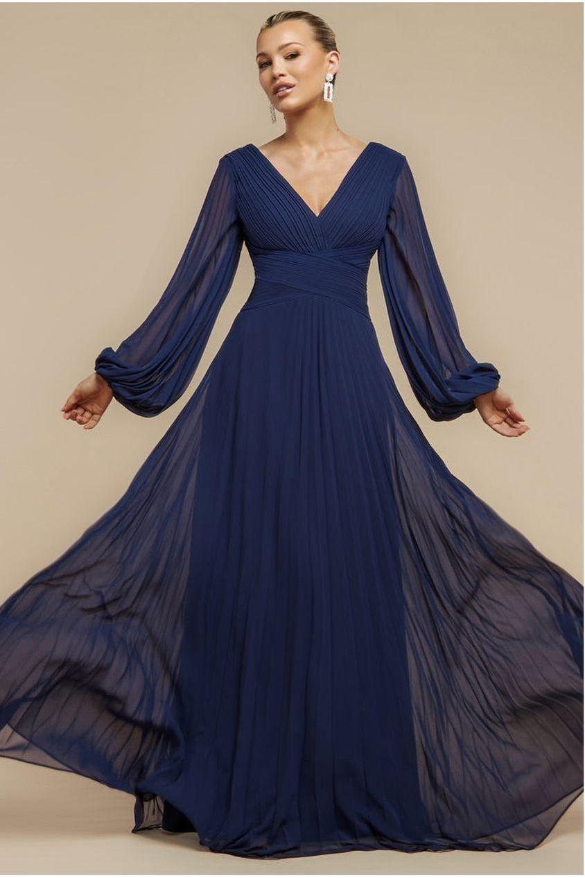 goddiva Balloon Sleeve Chiffon Maxi Dress - Navy Blue by Goddiva