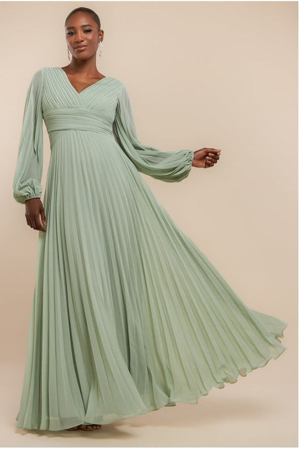 Goddiva Balloon Sleeve Chiffon Maxi Dress - Sage Green By Goddiva
