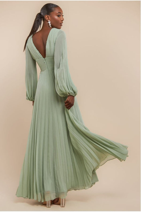 Goddiva Balloon Sleeve Chiffon Maxi Dress - Sage Green By Goddiva