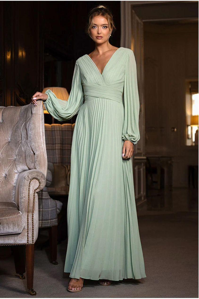 goddiva Balloon Sleeve Chiffon Maxi Dress - Sage Green by Goddiva