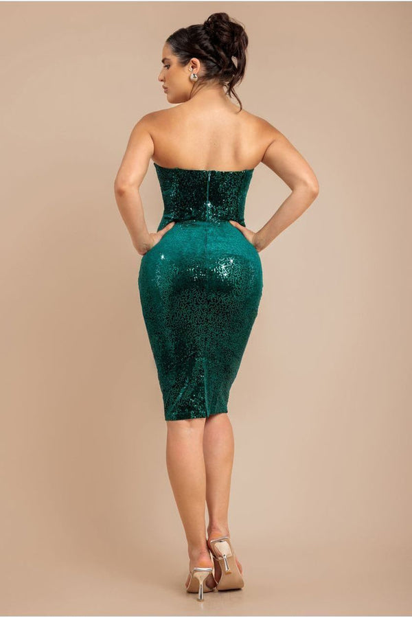 Goddiva Bandeau Sequin & Velvet Midi Dress - Emerald Green By Goddiva