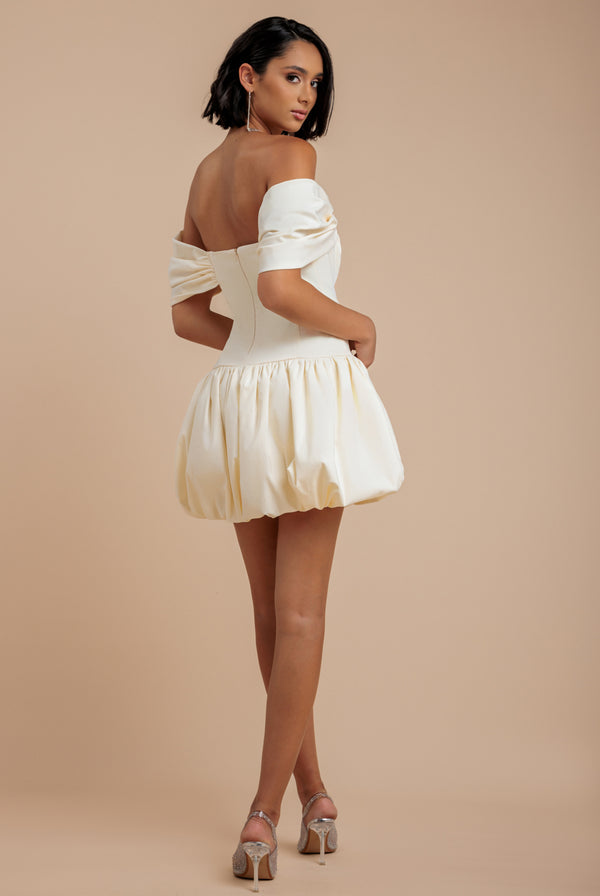 Goddiva Bardot Babydoll Corset Mini Dress - Cream By Goddiva