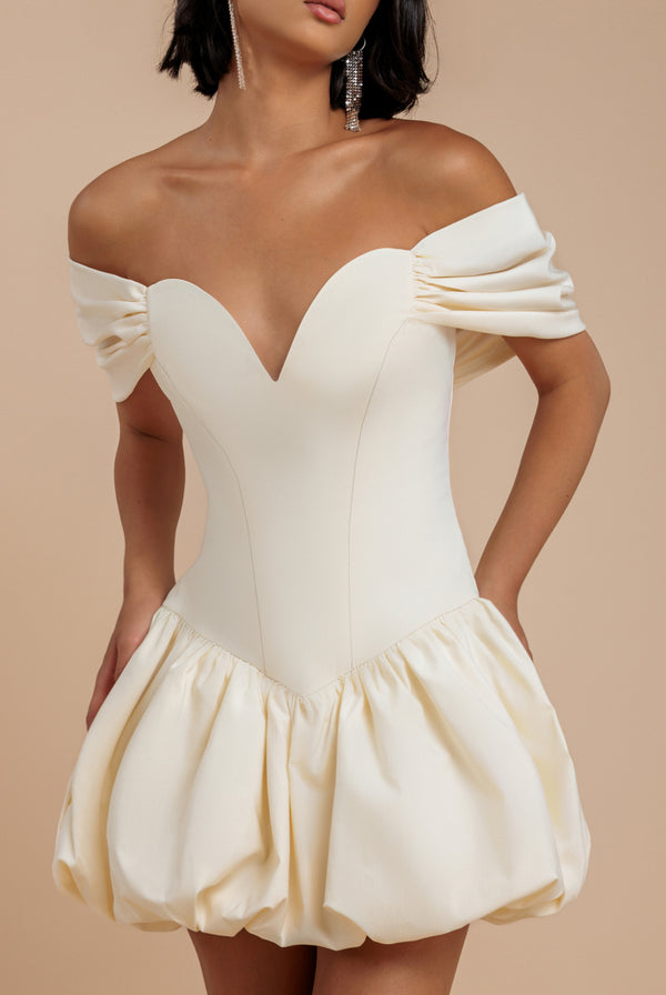Goddiva Bardot Babydoll Corset Mini Dress - Cream By Goddiva