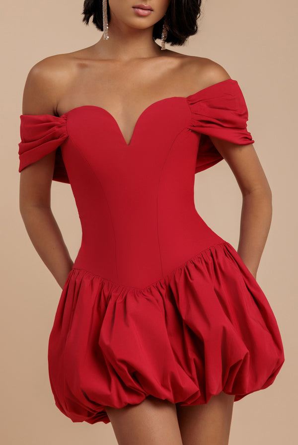 Goddiva Bardot Babydoll Corset Mini Dress - Red By Goddiva