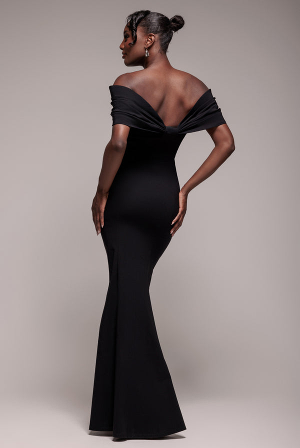 goddiva Bardot Bow Neck Maxi Dress - Black By Goddiva