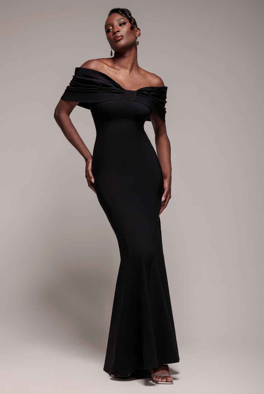 goddiva Bardot Bow Neck Maxi Dress - Black by Goddiva