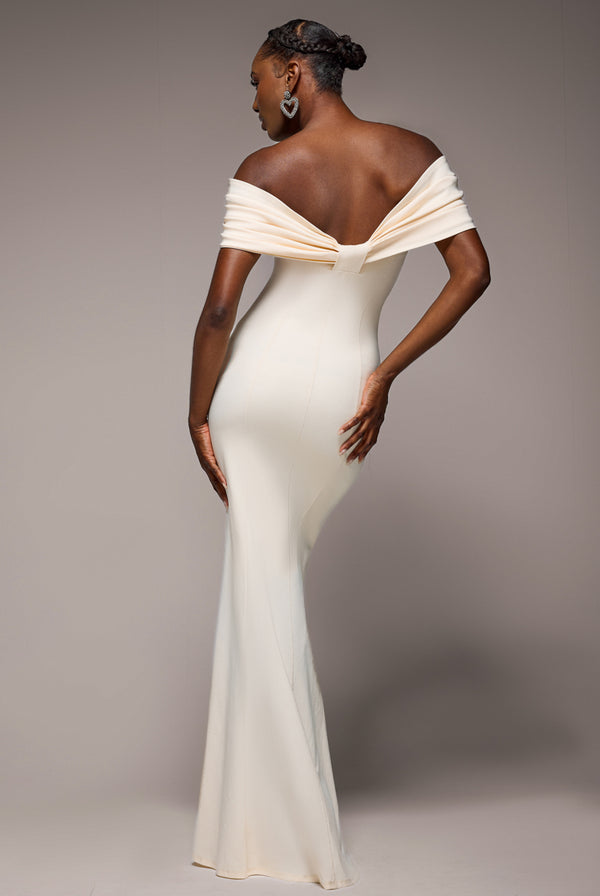 Goddiva Bardot Bow Neck Maxi Dress - Cream By Goddiva