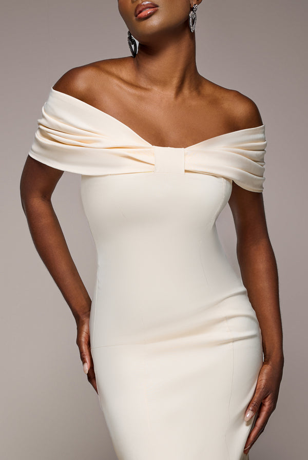 Goddiva Bardot Bow Neck Maxi Dress - Cream By Goddiva