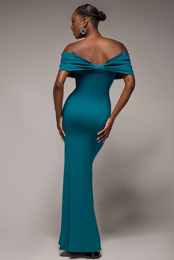 Goddiva Bardot Bow Neck Maxi Dress - Emerald Green By Goddiva