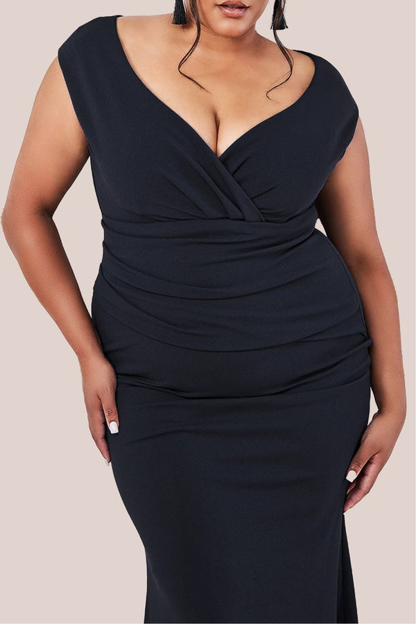 Goddiva Bardot Pleated Maxi Dress - Black By Goddiva Plus