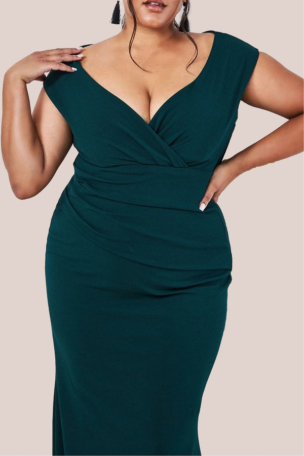 Goddiva Bardot Pleated Maxi Dress - Emerald By Goddiva Plus