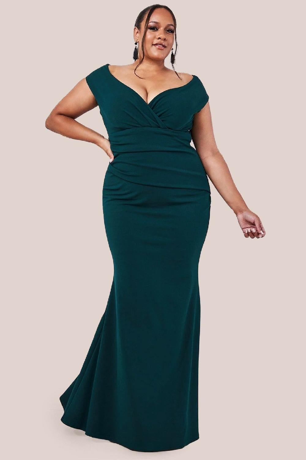 goddiva Bardot Pleated Maxi Dress - Emerald by Goddiva Plus