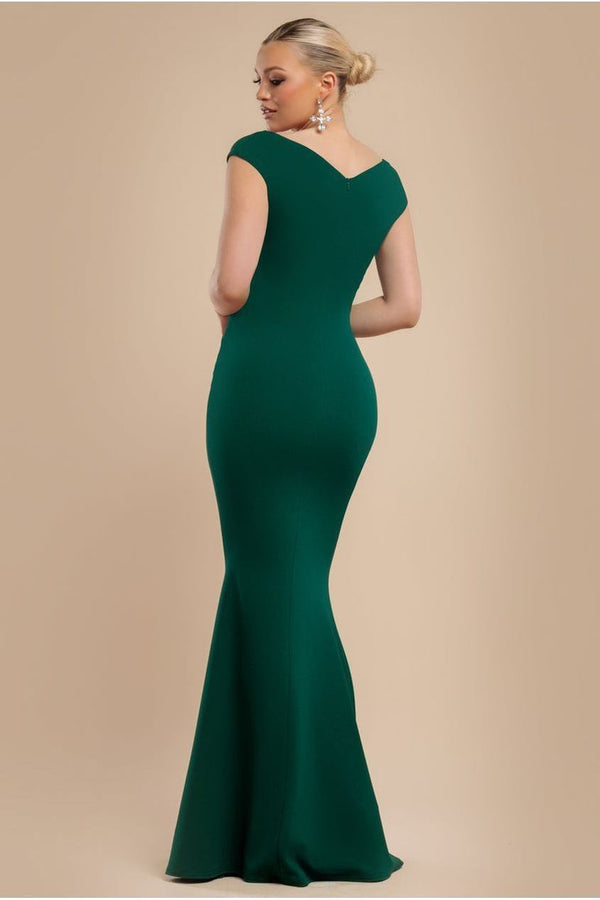 Goddiva Bardot Pleated Maxi Dress - EmeraldGreen By Goddiva