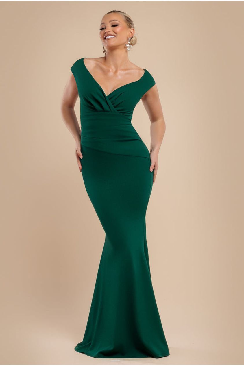 goddiva Bardot Pleated Maxi Dress - EmeraldGreen by Goddiva