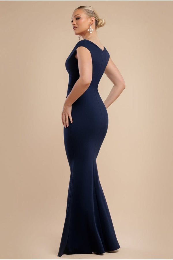 Goddiva Bardot Pleated Maxi Dress - Navy Blue By Goddiva