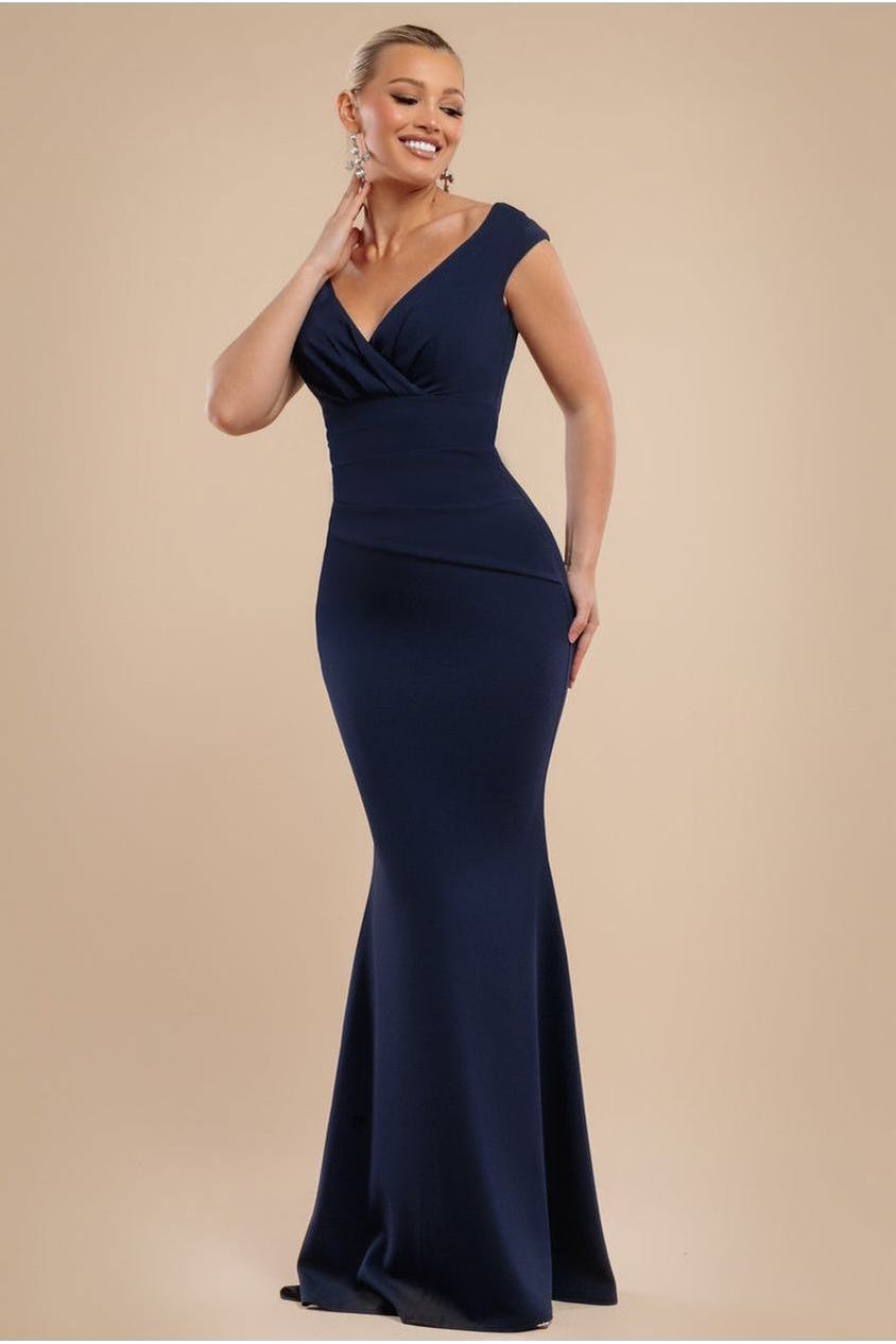 goddiva Bardot Pleated Maxi Dress - Navy Blue by Goddiva