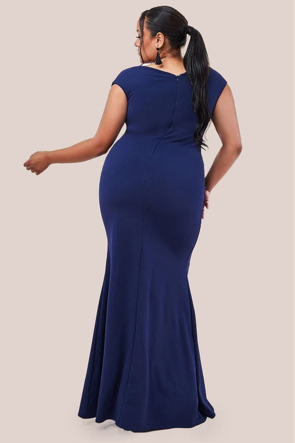 Goddiva Bardot Pleated Maxi Dress - Navy By Goddiva Plus