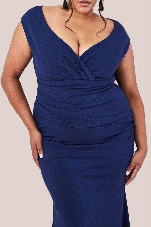 Goddiva Bardot Pleated Maxi Dress - Navy By Goddiva Plus