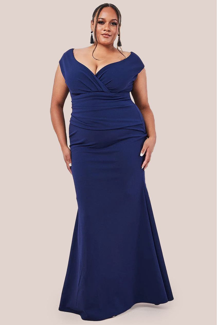 goddiva Bardot Pleated Maxi Dress - Navy by Goddiva Plus
