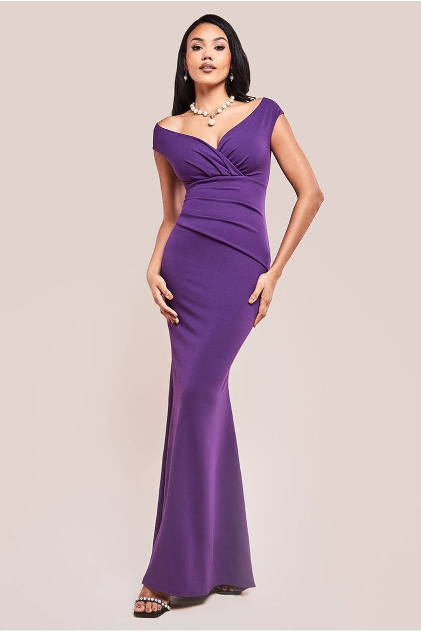 goddiva Bardot Pleated Maxi Dress - Purple by Goddiva