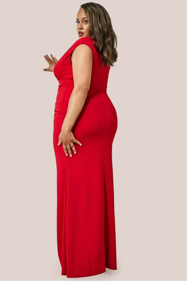 Goddiva Bardot Pleated Maxi Dress - Red By Goddiva Plus