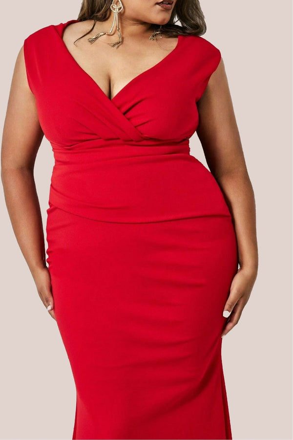 Goddiva Bardot Pleated Maxi Dress - Red By Goddiva Plus