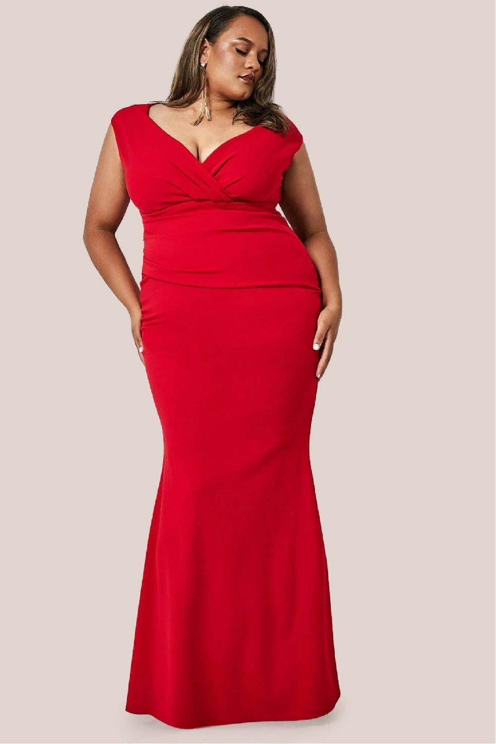 goddiva Bardot Pleated Maxi Dress - Red by Goddiva Plus