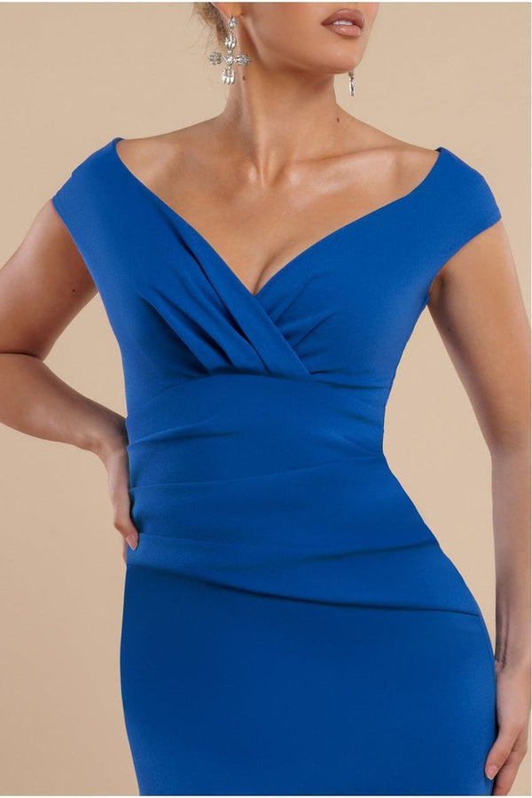 Goddiva Bardot Pleated Maxi Dress - Royal Blue By Goddiva