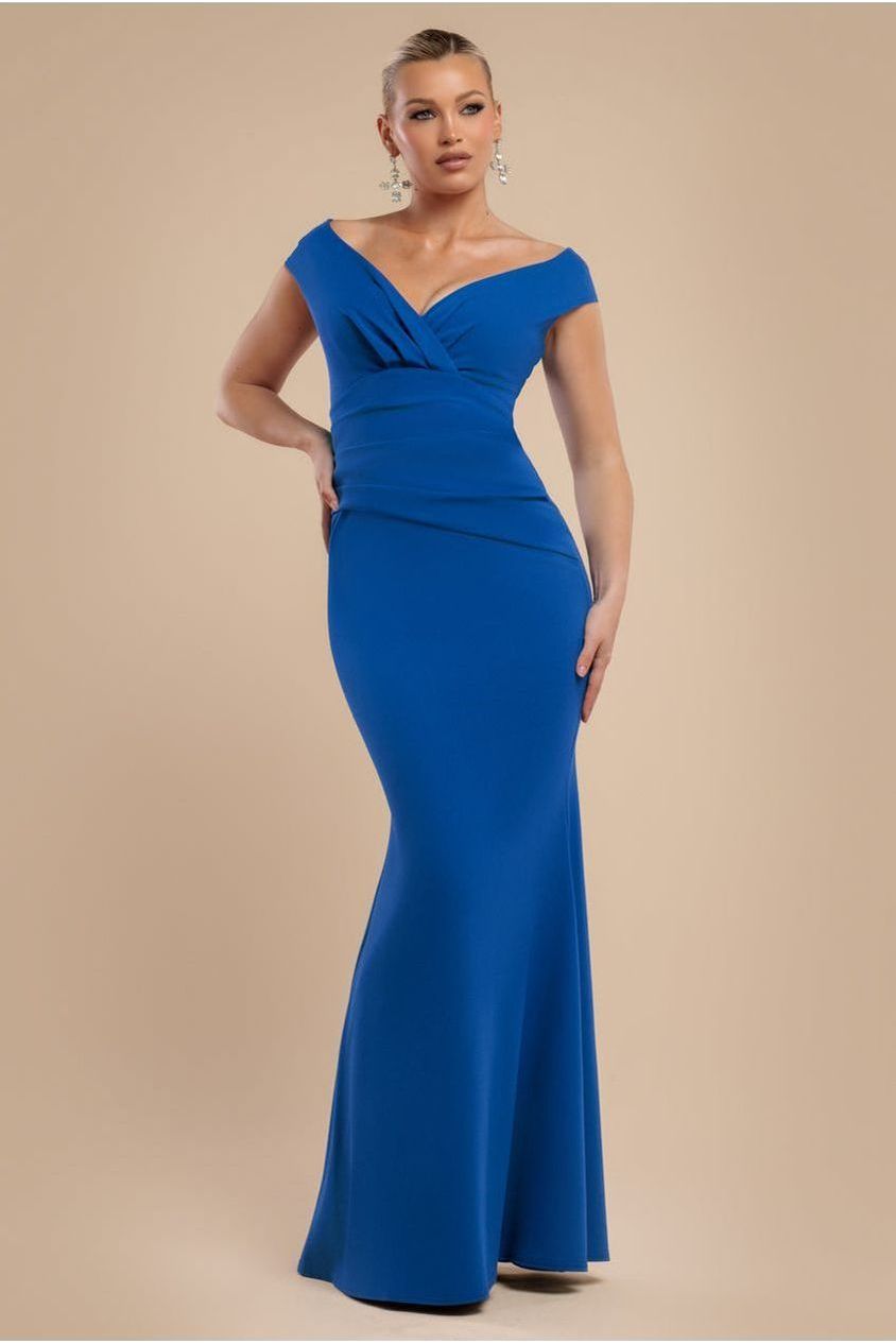 goddiva Bardot Pleated Maxi Dress - Royal Blue by Goddiva