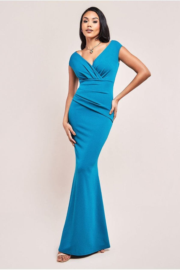 Goddiva Bardot Pleated Maxi Dress - Teal Blue By Goddiva