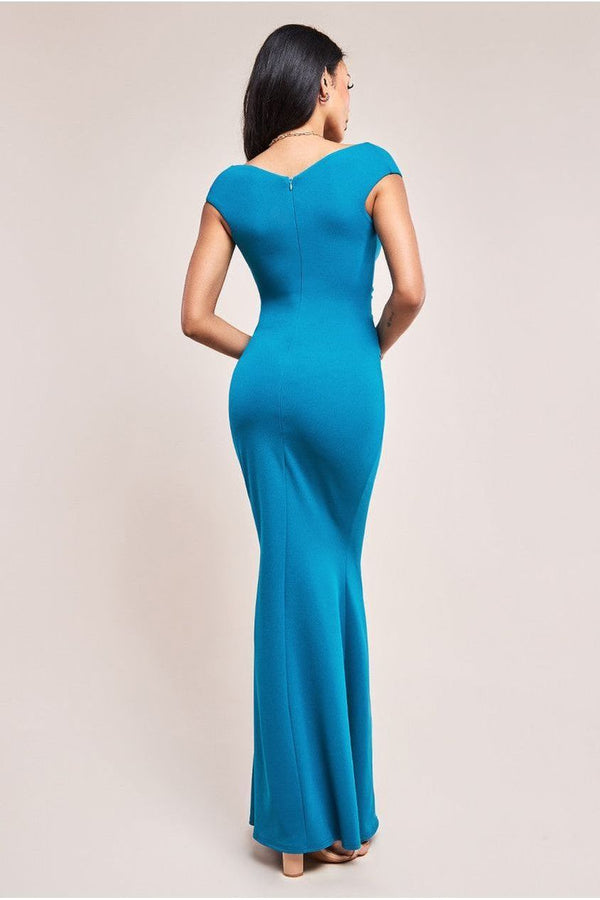Goddiva Bardot Pleated Maxi Dress - Teal Blue By Goddiva