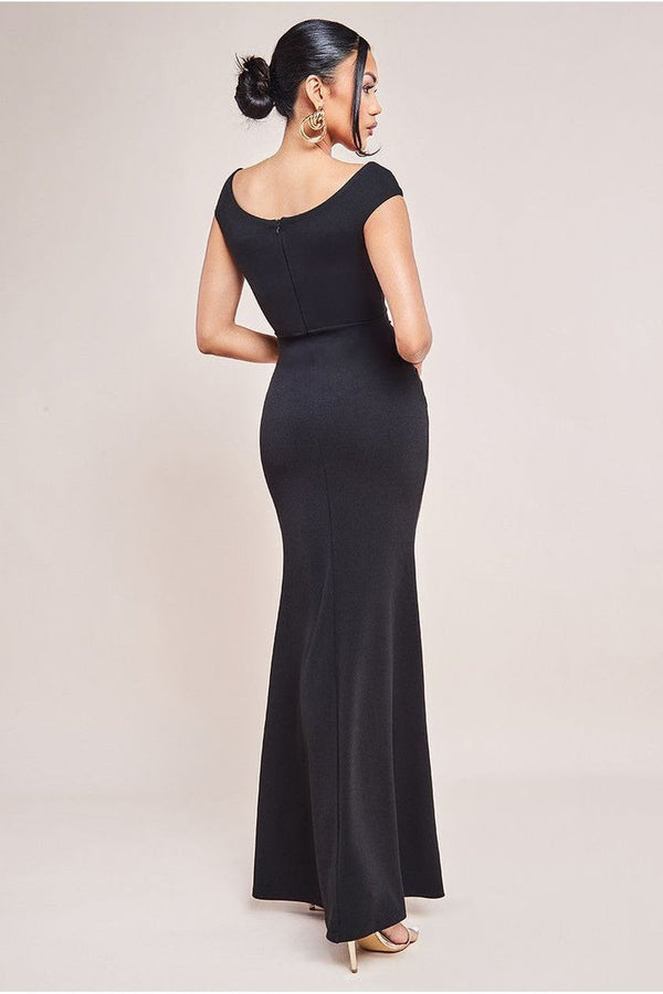 Goddiva Bardot Pleated Maxi With Metal Trim Maxi Dress - Black By Goddiva
