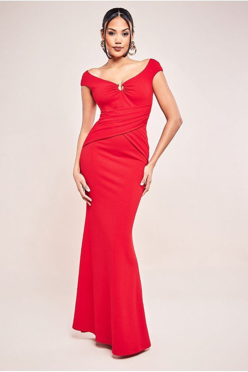 goddiva Bardot Pleated Maxi With Metal Trim Maxi Dress - Red by Goddiva