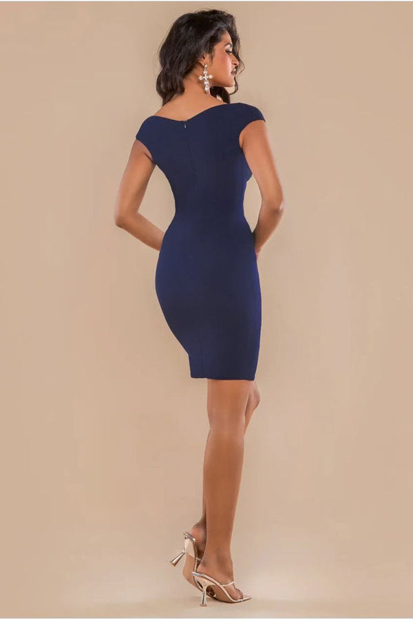Goddiva Bardot Pleated Midi Dress - Navy Blue By Goddiva