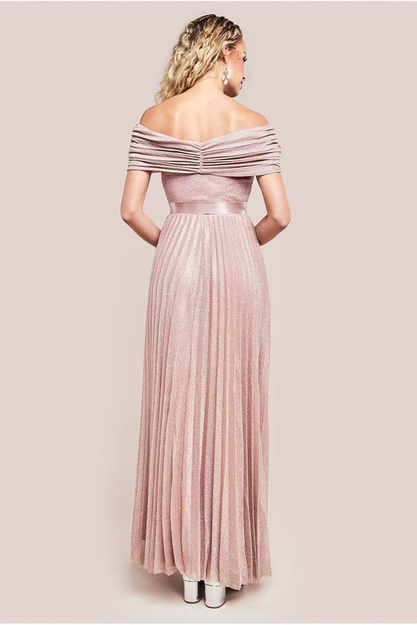 Goddiva Bardot Pleated Skirt Maxi Dress - Blush By Goddiva