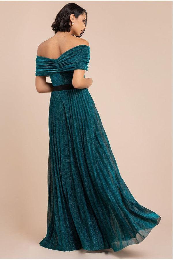 Goddiva Bardot Pleated Skirt Maxi Dress - Emerald By Goddiva