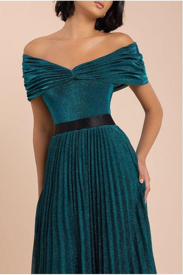 Goddiva Bardot Pleated Skirt Maxi Dress - Emerald By Goddiva