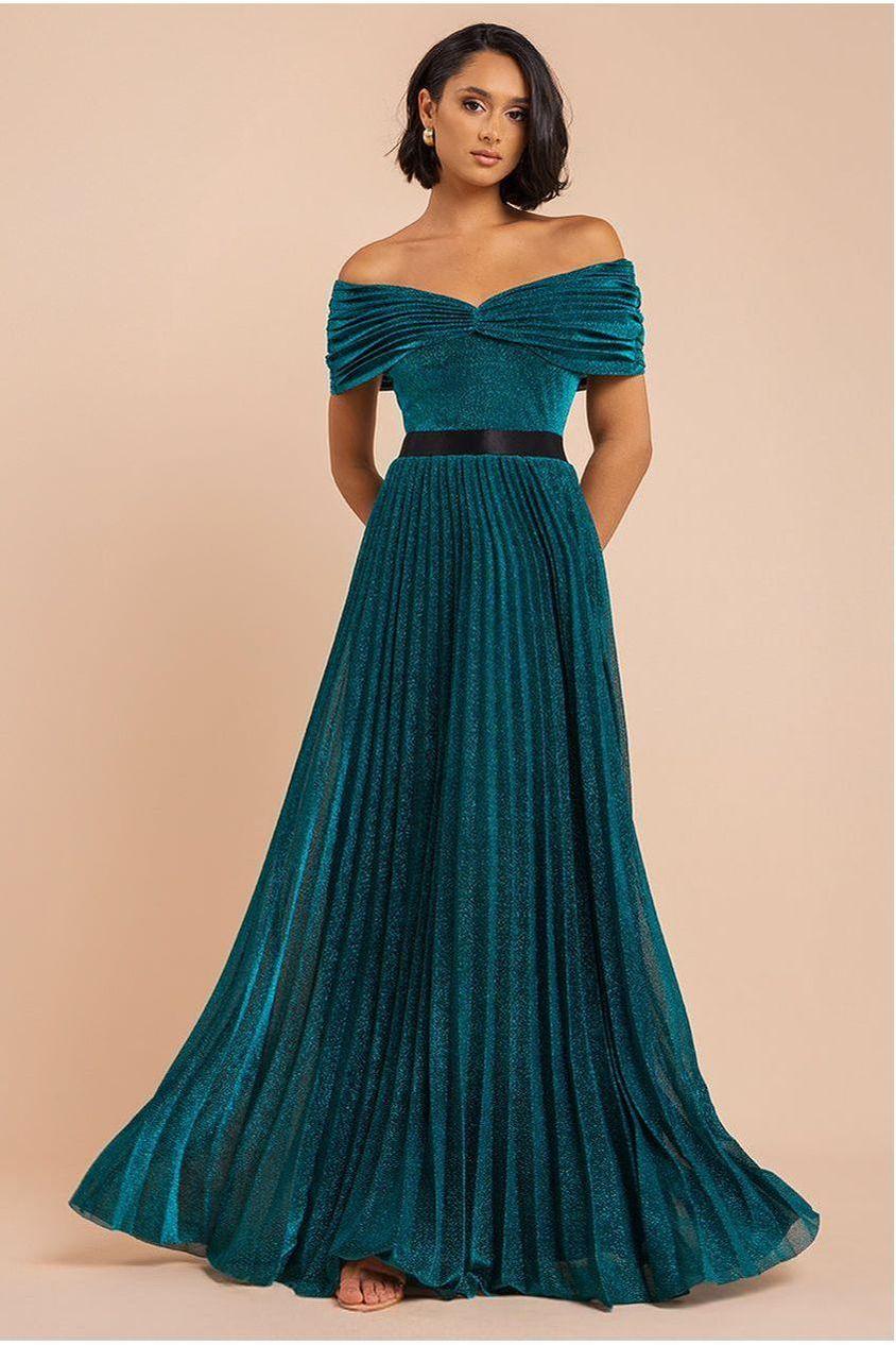 goddiva Bardot Pleated Skirt Maxi Dress - Emerald by Goddiva