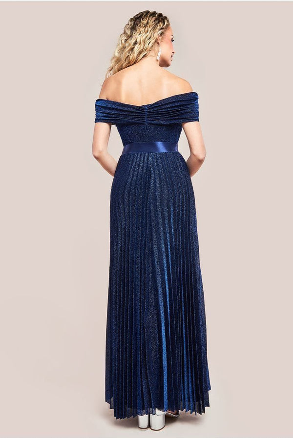 Goddiva Bardot Pleated Skirt Maxi Dress - Navy By Goddiva